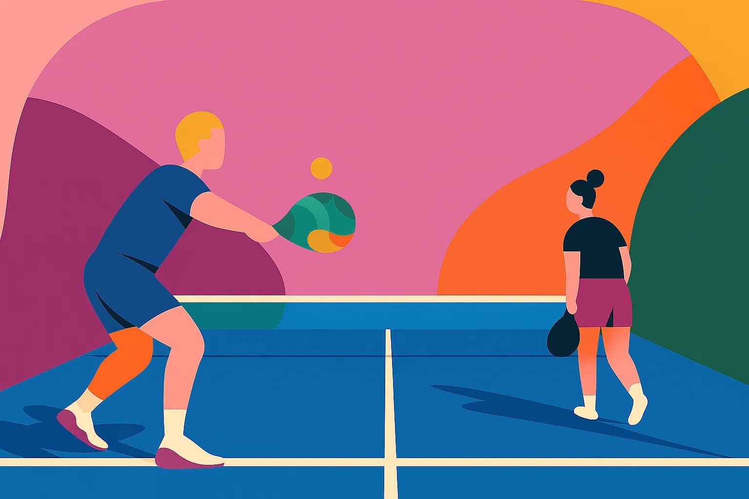 Illustration of a temporary padel court in London with two padel players.