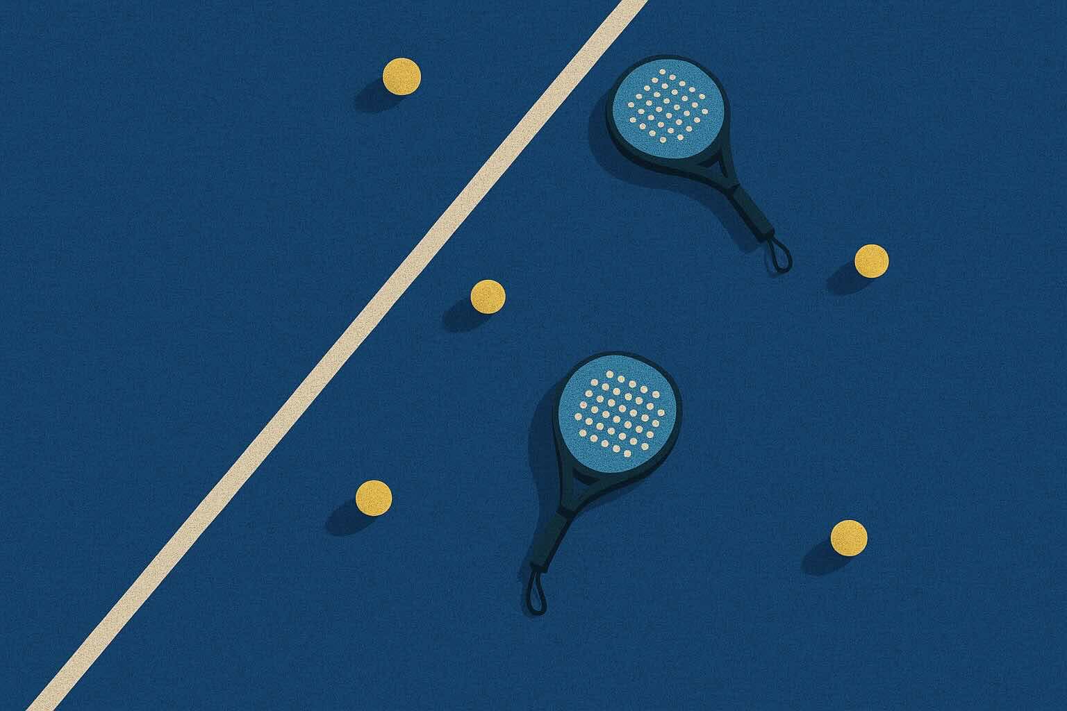 Top-down view of two padel rackets and five tennis balls scattered on a blue padel court.