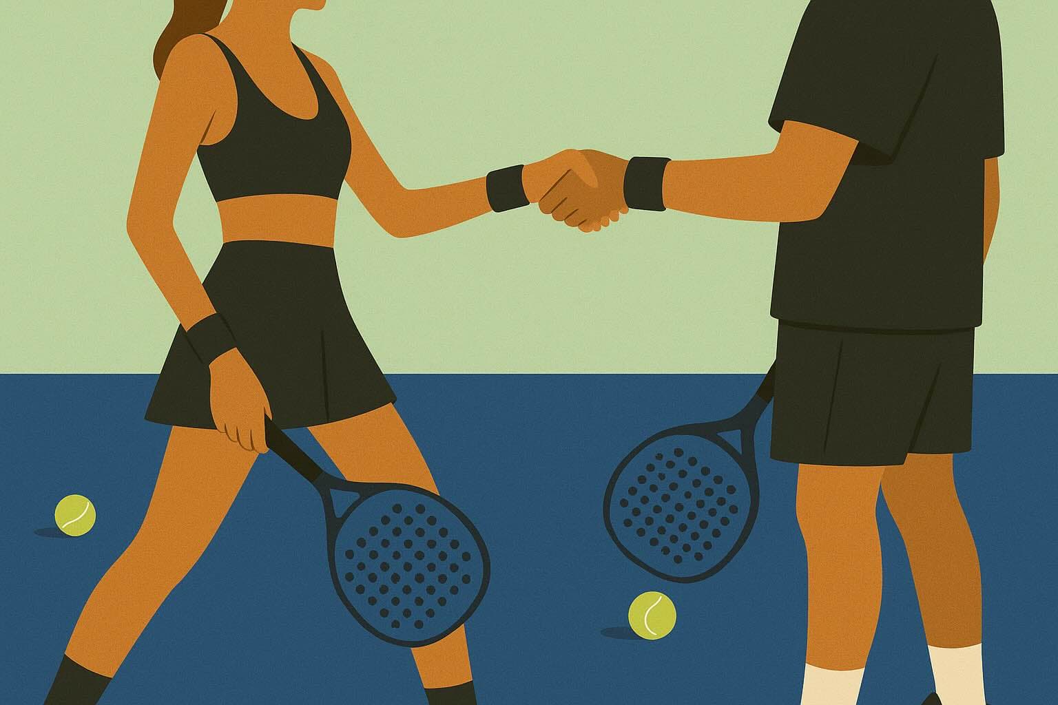 Illustration of a woman and man shaking hands on a padel court, each holding a padel racket, with tennis balls scattered on the blue court floor.