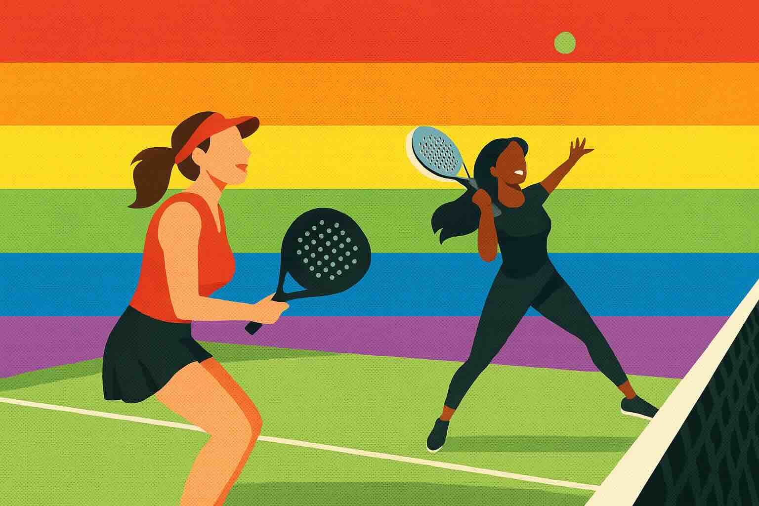 Illustration of two women playing padel on a padel court with a pride coloured background.