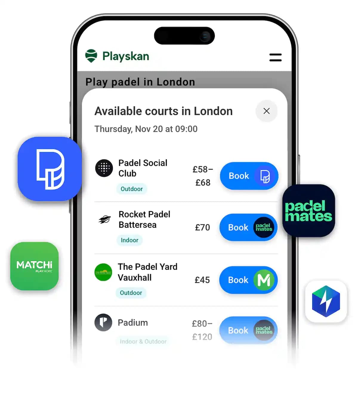 Find padel courts in the UK with Playskan – compare availability and prices across booking platforms like Playtomic, Matchi, and Padel Mates.