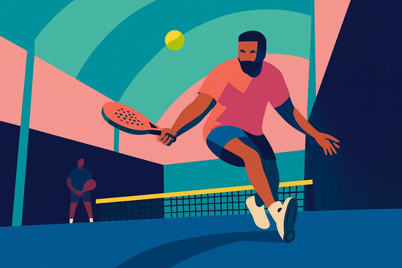 Illustration of a padel player on court, hitting a forehand.