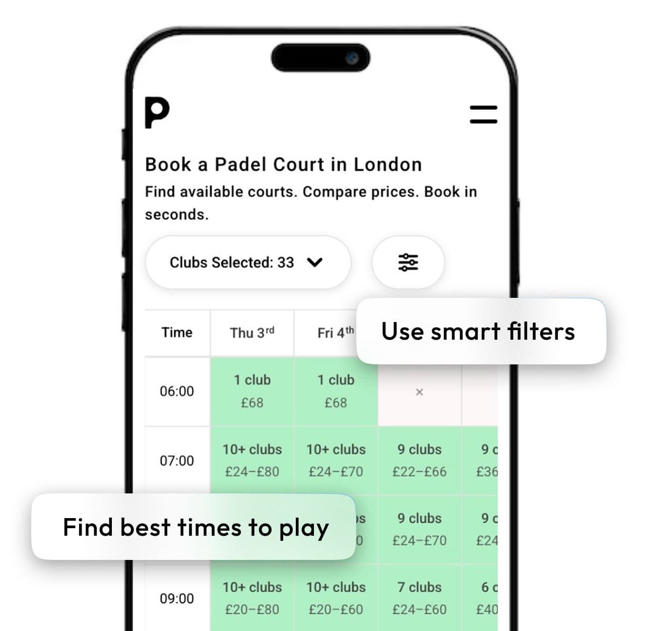 Playskan lets users compare padel court prices and availability across Playtomic, Matchi, and Padel Mates in London.