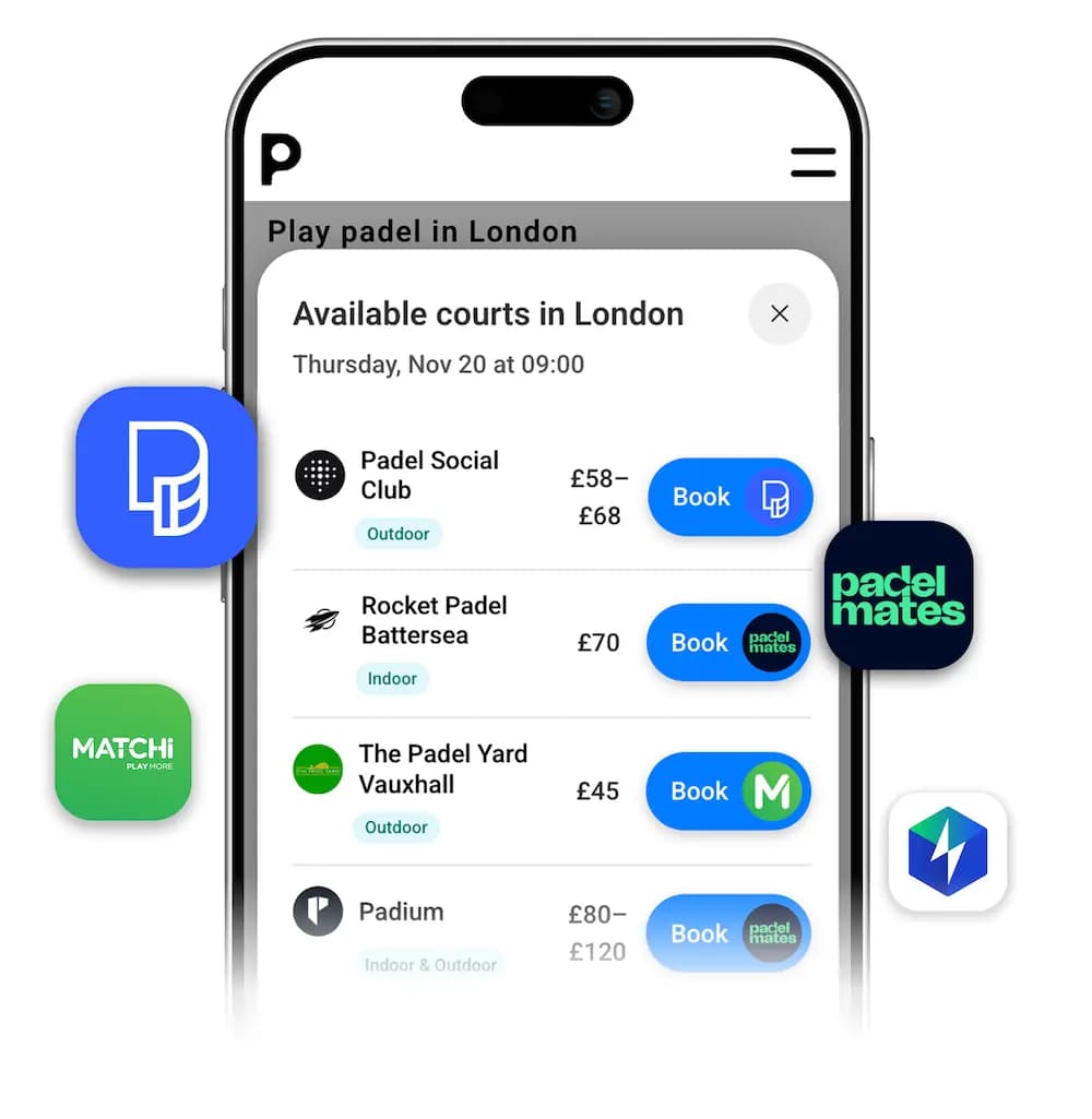 Find padel courts in the UK with Playskan – compare availability and prices across booking platforms like Playtomic, Matchi, and Padel Mates.