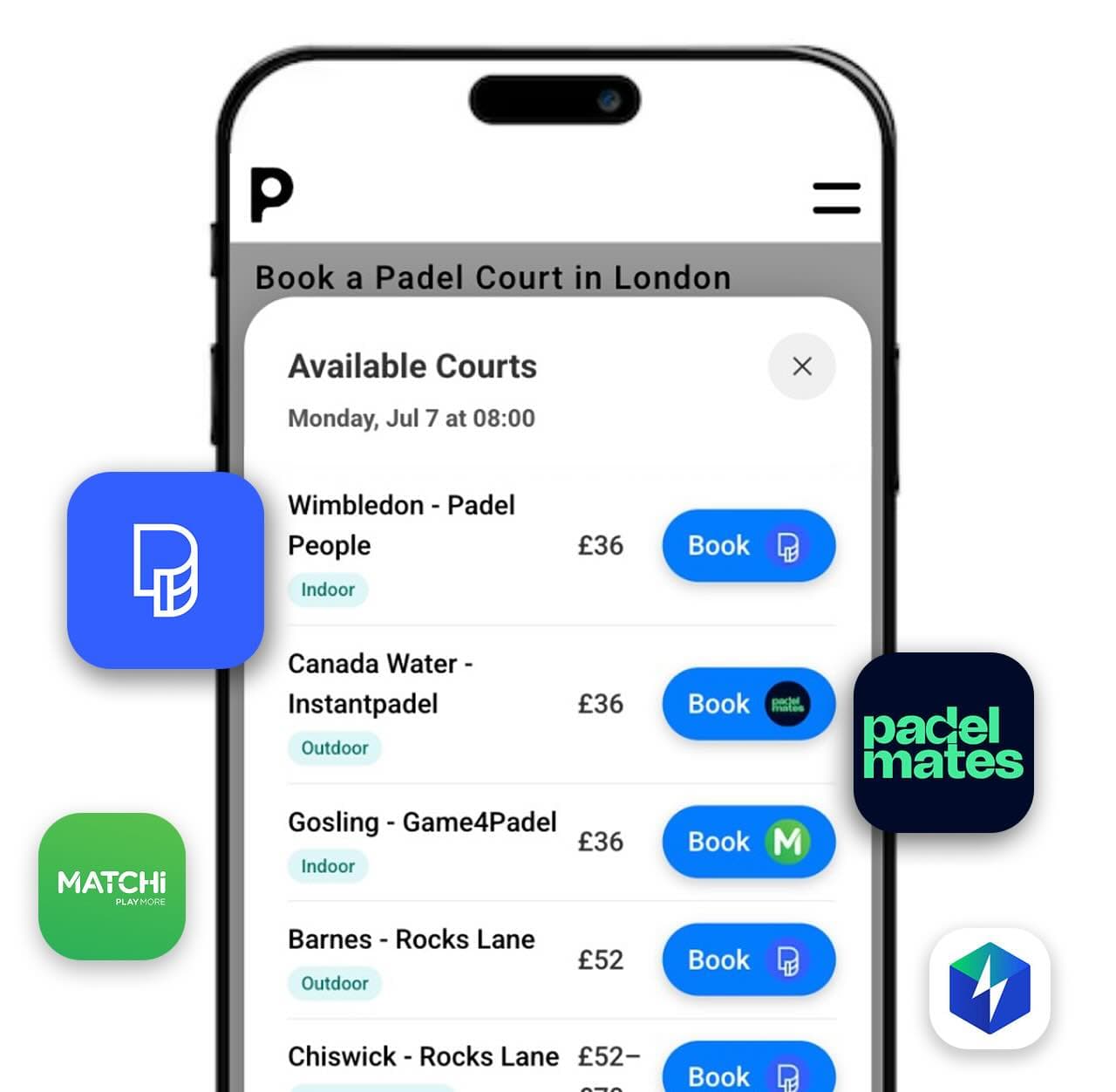 Playskan lets users compare padel court prices and availability across Playtomic, Matchi, and Padel Mates in London.