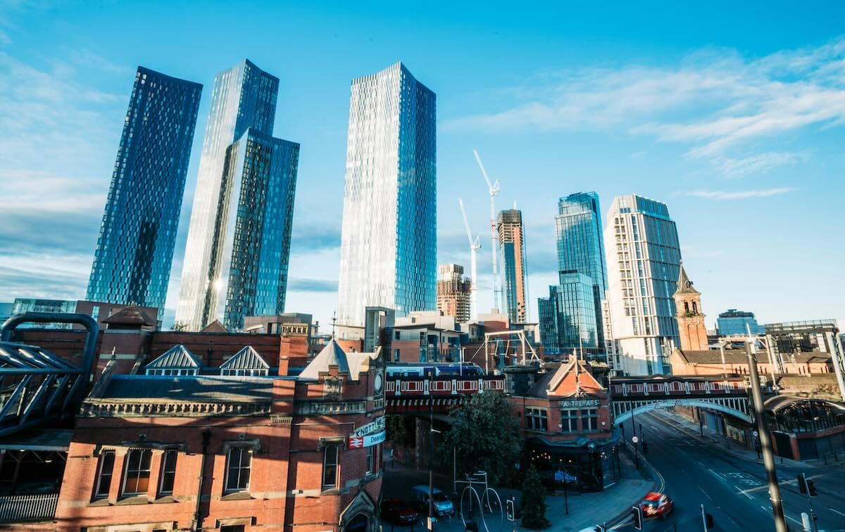 A skyline photo of Manchester, UK.