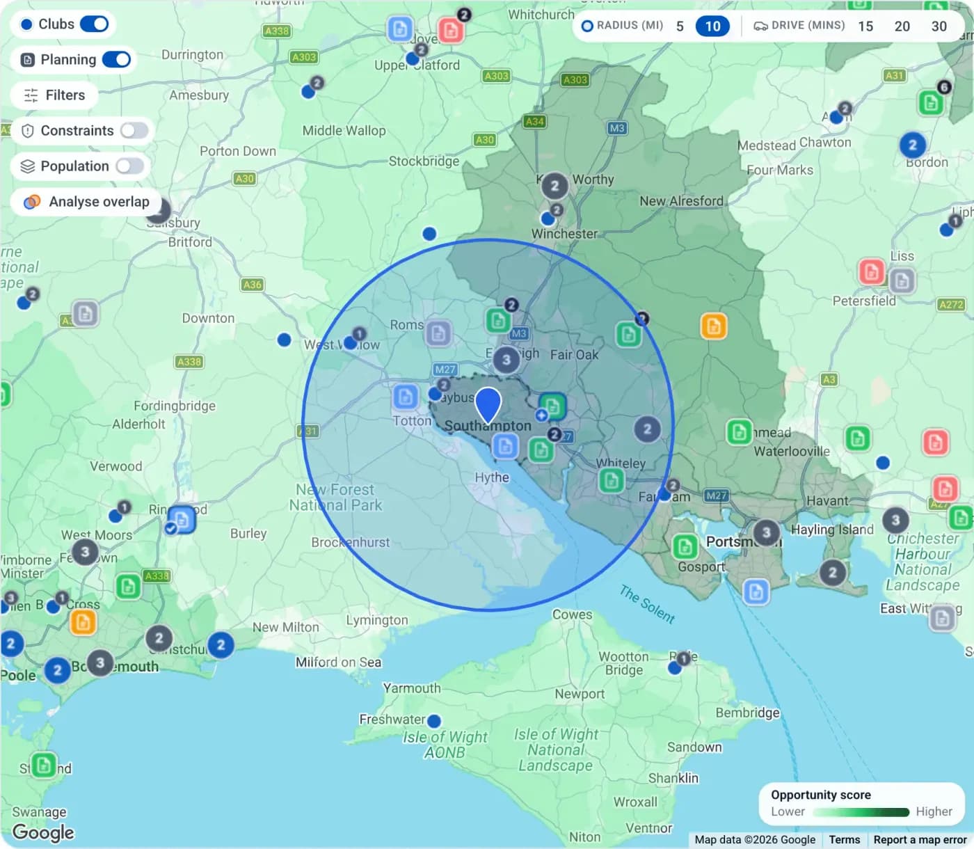 Club planner: catchment & competition around Southampton